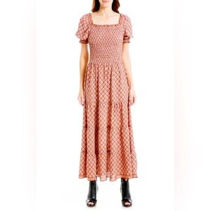 Max Studio Printed Smocked Bodice Tiered Maxi Dress in Clay